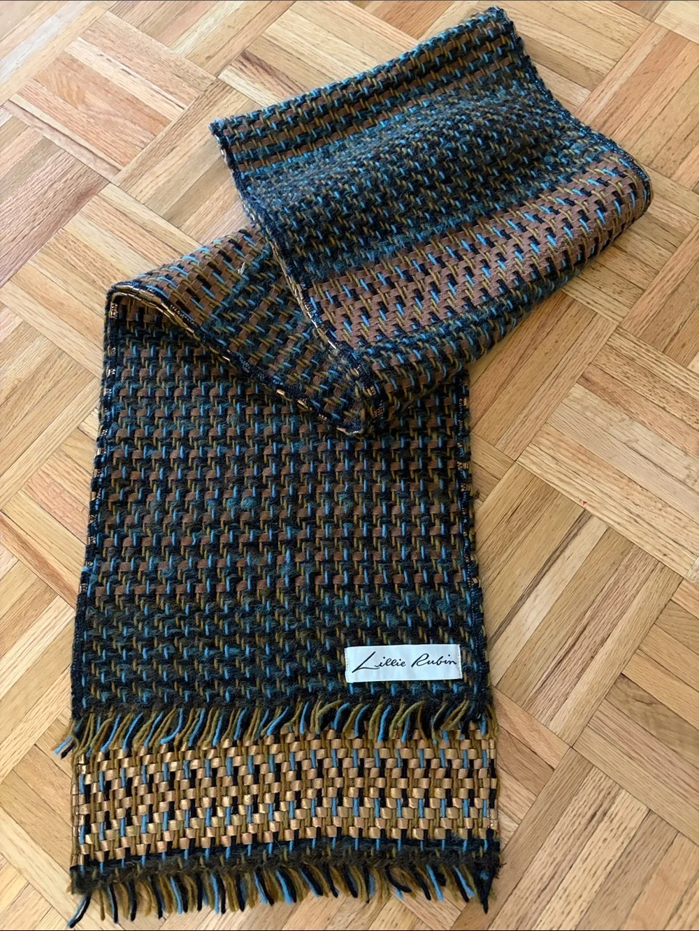 Vintage 82” LILLIE RUBIN Textured Wool & Metallic Suede Woven Scarf